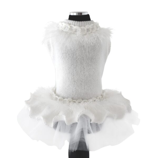 Trilly tutti Brilli vestito bianco in angora, lana, nylon e polyamide Annachiara con piume e passamaneria con fiori in colore bianco