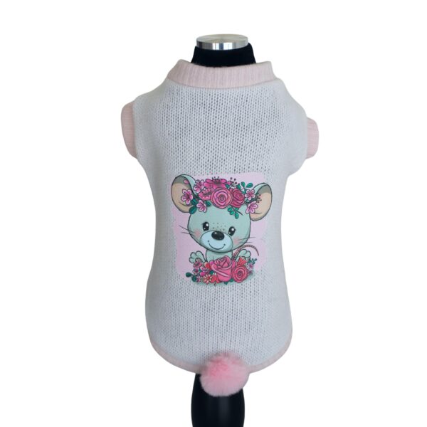 Trilly tutti Brilli maglione Arruda bianco con stampa topo e rosa e pon pon rosa